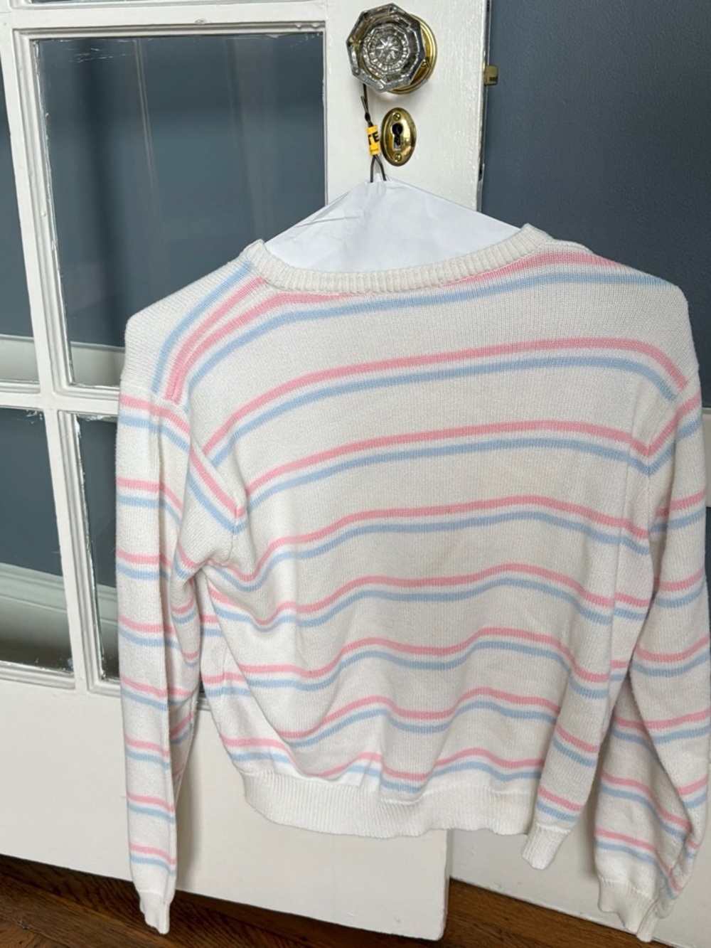 Brandy Melville White Crewneck Sweater with Pink & Light Blue Stripes - Picture 2 of 3